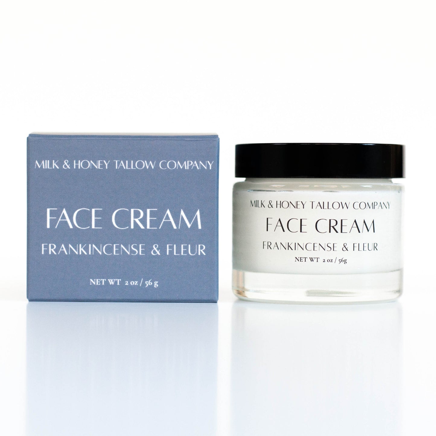 Frankincense and Fleur Tallow Face cream jar and packaging with 'Milk & Honey Tallow Company' branding on a white background
