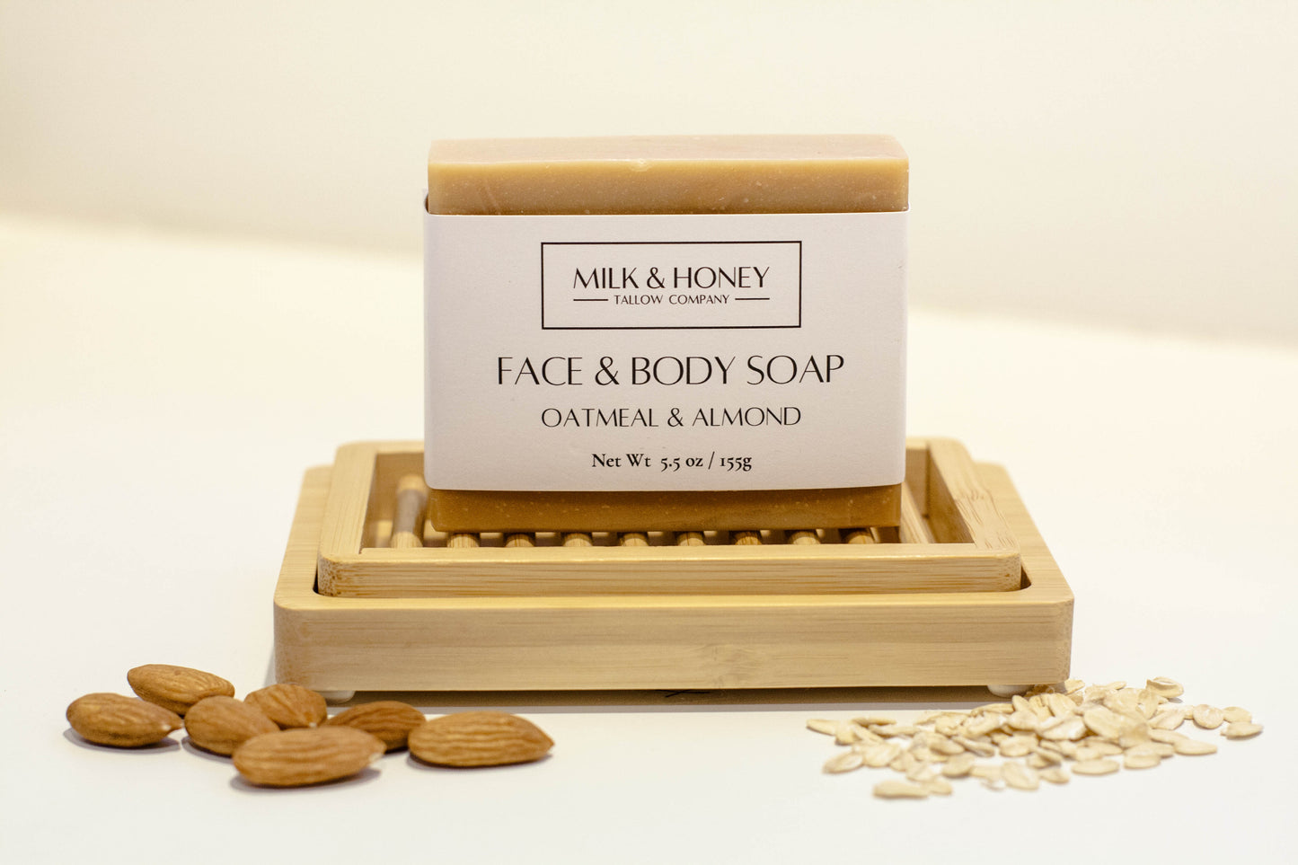 Tallow and Goat Milk Bar Soap - Oatmeal and Almond on Soap Dish
