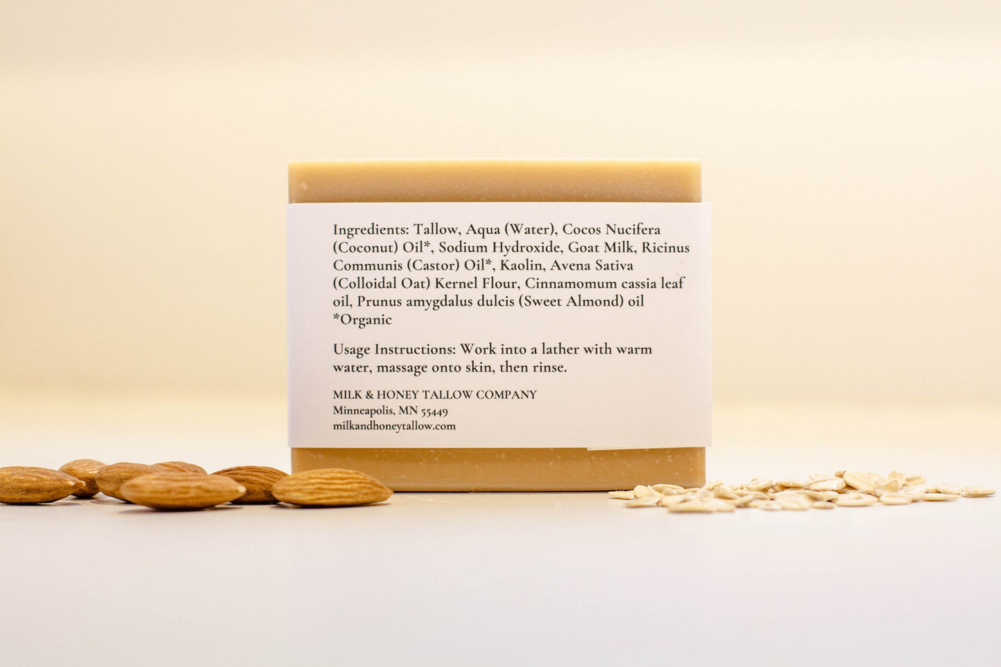 Tallow and Goat Milk Bar Soap - Oatmeal and Almond Ingredients