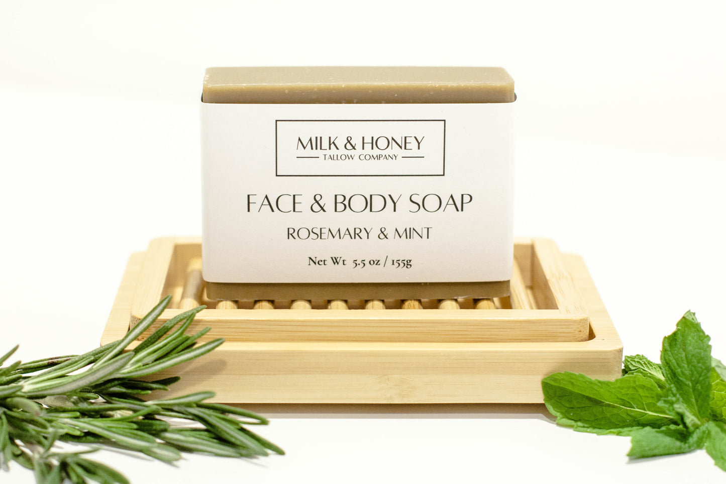 Tallow and Goat Milk Bar Soap - Rosemary and Mint on Soap Dish