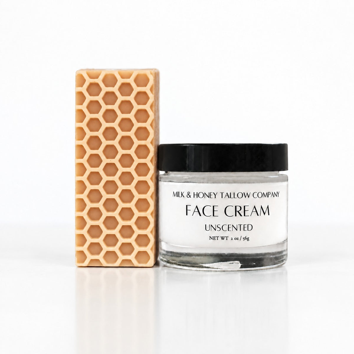 Milk & Honey Tallow Company honeycomb bar soap and unscented face cream jar, 2 oz