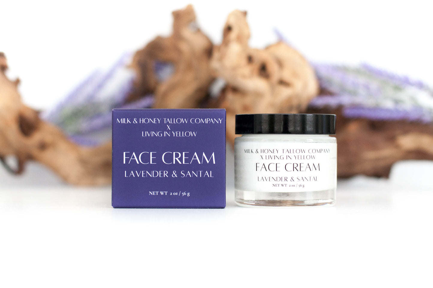 Lavender and Santal tallow face cream with box and jar