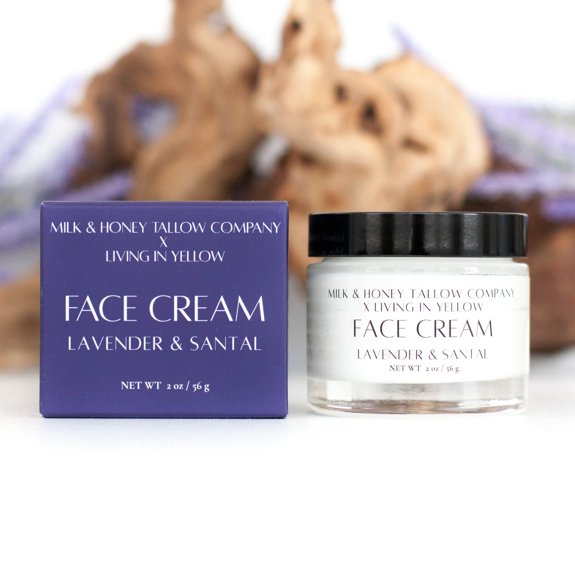 Lavender and Santal tallow face cream with box and jar