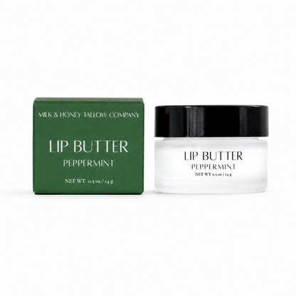 Peppermint Lip Butter in Jar with green box shown on a white background.