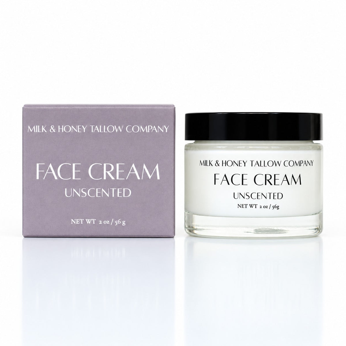 Box and glass jar of Unscented Face Cream on a white background