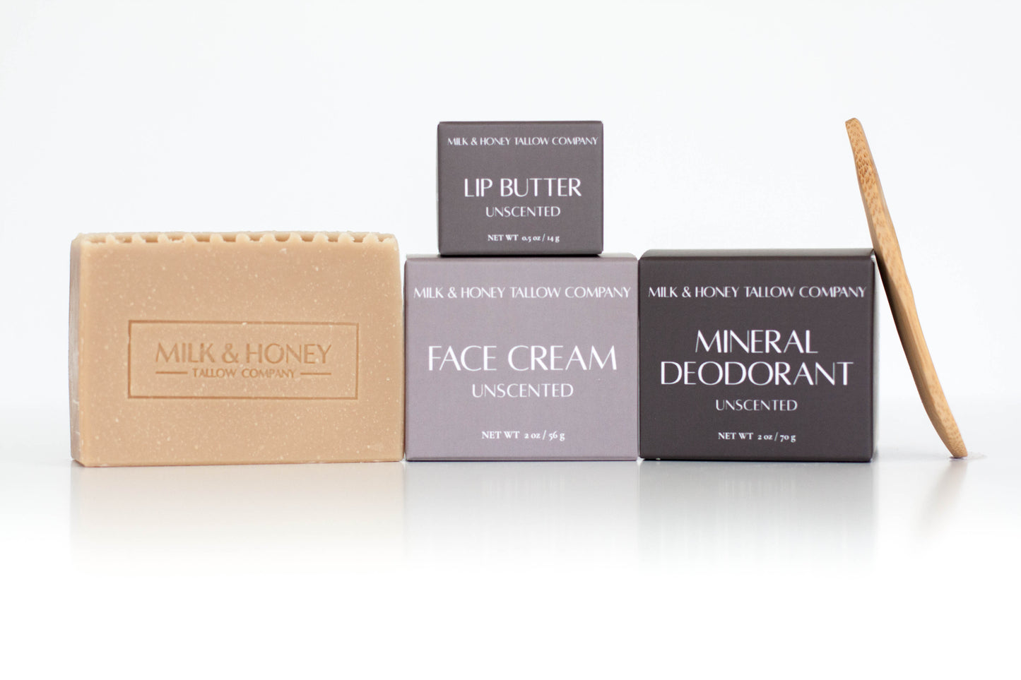 Milk & Honey Tallow Company skincare products including a bar of soap, lip butter, face cream, and deodorant on a white background.